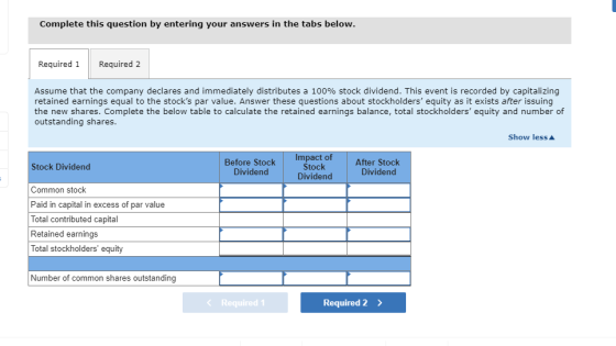 Complete this question by entering your answers in the tabs below. Required 1 Required 2 Assume that the company declares and