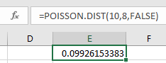 =POISSON.DIST(10,8,FALSE)
D
E
0.09926153383