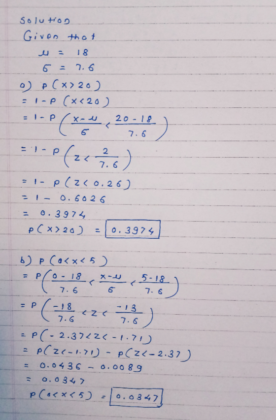 solution Given that es = 18 0 = 7.6 op (x720) = 1-P (x420) = 1- P(x-4, 20- 18 ) 7.6 -1- P(Z <0.26) -1- 0.6026 = 0.3974 p(x720