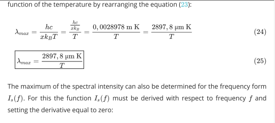 function of the temperature by rearranging the equation (23): hc hc xkB K Imax 0, 0028978 m K T 2897,8 um T = (24) XkBT T K A
