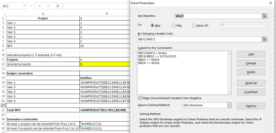 Solver Parameters B22 | x ✓ fx Set Objective: SBS22 Project To: O Max Min O Value Of: 3 Year 1 4 Year 2 5 Year 3 6 Year 4 7 Y
