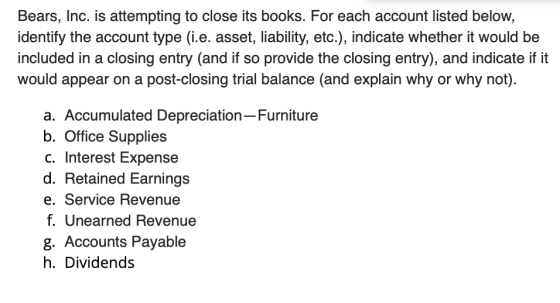 Bears, Inc. is attempting to close its books. For each account listed below, identify the account type (i.e. asset, liability