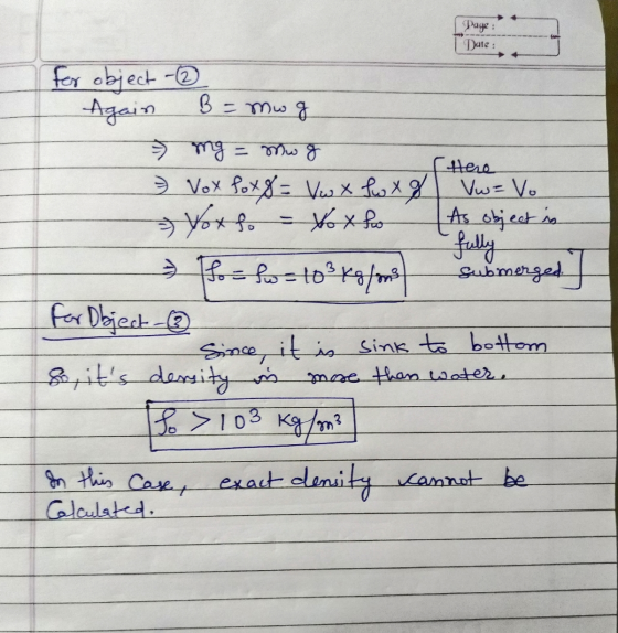 Page: Date : B = mwg For object - Again = mg = Mw g 7 Vox Poxo = Vw X Lw x 8 Vw = Vo. - Yoxfo Nox fo As object is tere - subm