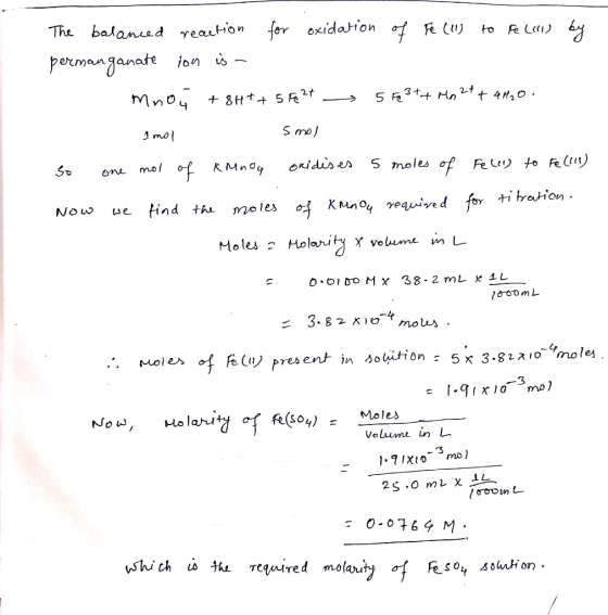 The balanced reaction for oxidation of Fe (11) to felii) by permanganate ion is - Mnoj +8H7+ 5 F2t 5 & 3 tt Ma 2+ + 4H2O. 1 m