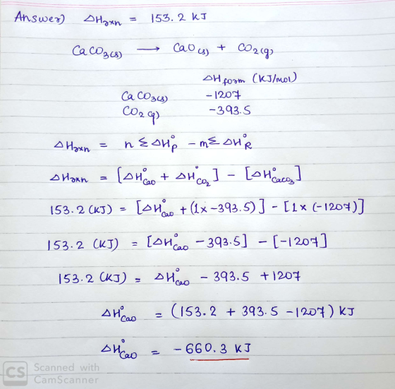 Answer) 153. 2 kJ AH2xn Cao us Ca cogus SH form CKJ/ou -120 Ca COsus) corqp -393.S n aHp-moR AHaun AHOxn Co2 Cao t(x-393.5)-