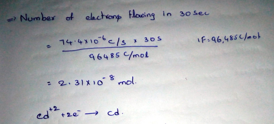 Num bes of alachionp tlooing in 30 sec ngin 3o sec F:96,485 m o G6485 /mol = 2-31X10. 8 mol
