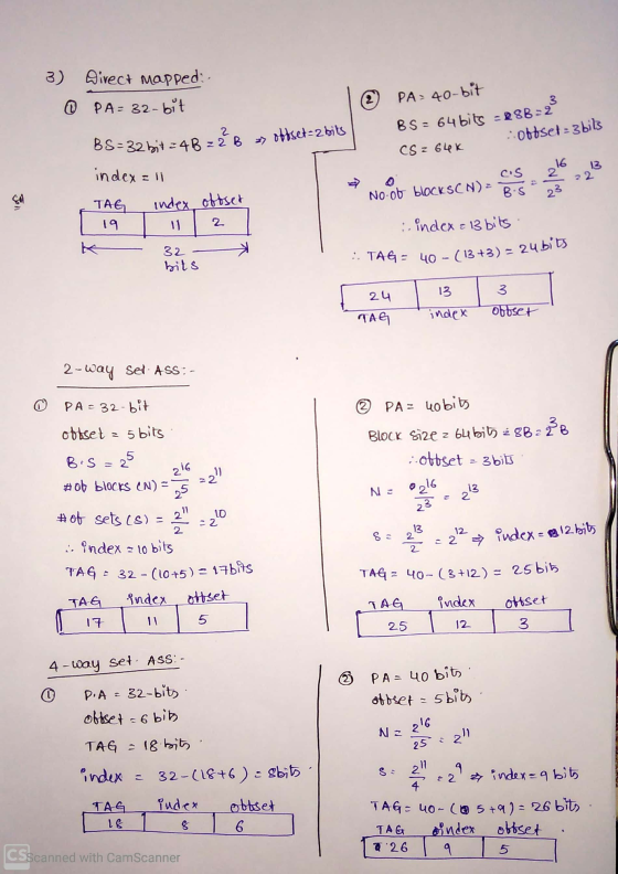 3) Direct mapped: ① PA= 32-bit 10 PA-40-bit BS=32 bit 248 2 B => obtset=2 bits 85 = 64 bits = 288=2 oboset = 3 bits CS z 64k