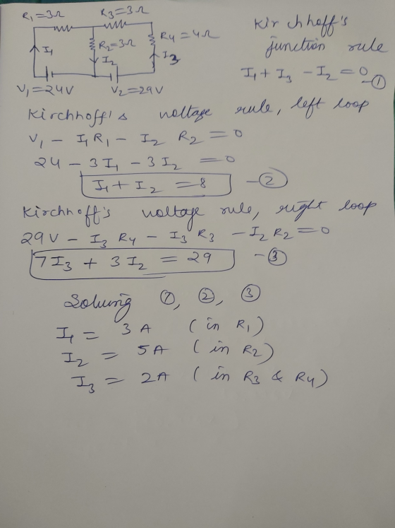 K3—3л Ry=un 3 R2=32 Iz V₂=29v noltage rule, Kirchhoffs junction rule Ist Ig - I=0 v=2uV Kirchhoff rule, left loop v, - IR -