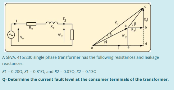 34 A 5kVA, 415/230 single phase transformer has the following resistances and leakage reactances: R1 = 0.2002; x1 = 0.8102; a