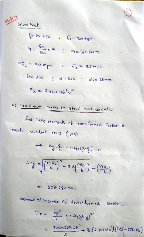 Solution Given that 2 2s Стра , Е.- оо еро- n = Es = 8 ; m=160 kv.m Tac = 9.2 mpa i Tas = 135 mpa b=300 d=625 į ds = 28mm Ag