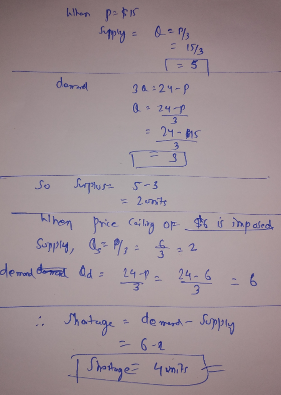 When p=815 Supply = Q = / = 15/3 r = 5 30=24-P Q = 24P = 24-815 doord 2 So Surplusz 5-3 = 2units When price Ceiling of $6 is
