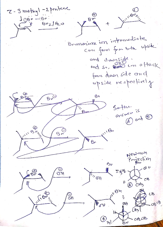2-3 methyl -2 pentine Jogn Br! BrzHeo is Br t .: : Bromonium in intermediate con form from both upsidki. and downsigle. and s