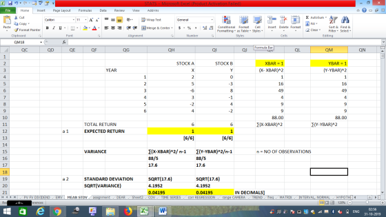 STATS -Microsoft Excel (Product Activation Failed) Review File Home Insert Page Layout Formulas Data View Add-Ins E AutoSum -