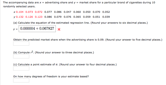 The accompanying data are x randomly selected years advertising share and y = market share for a particular brand of cigarett