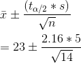 \\ \bar{x}\pm \frac{(t_{\alpha/2}*s)}{\sqrt{n}}\\\\ =23 \pm \frac{2.16*5}{\sqrt{14}}