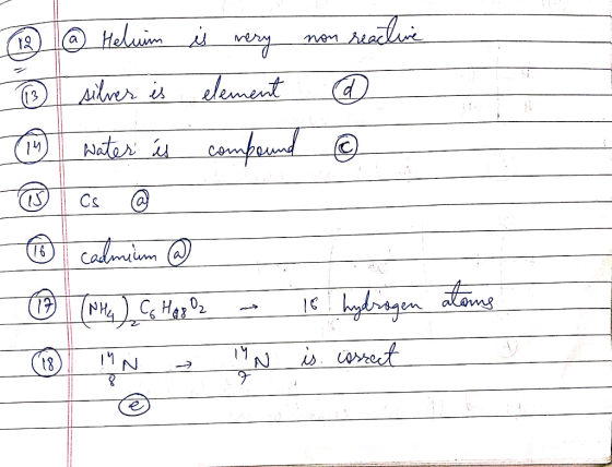 4 ② Heluim is very non reactive ② silver is element 1 water is compound € Tas ③ cadmium @ i ① (NH 4 ) Co Hng Oz - 18 hydrogen