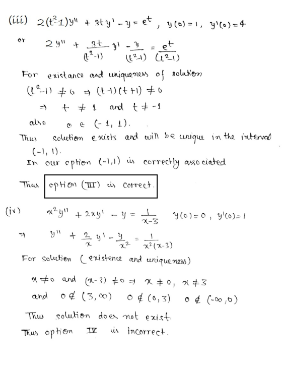 (iii) 2(t+1)y + 3t y-y = et y (0) = 1, Y(0) = 4 2 y + 3t 2 (12-1) #0 y! - ? (12-1) (121) For existance and ceniqueness of s