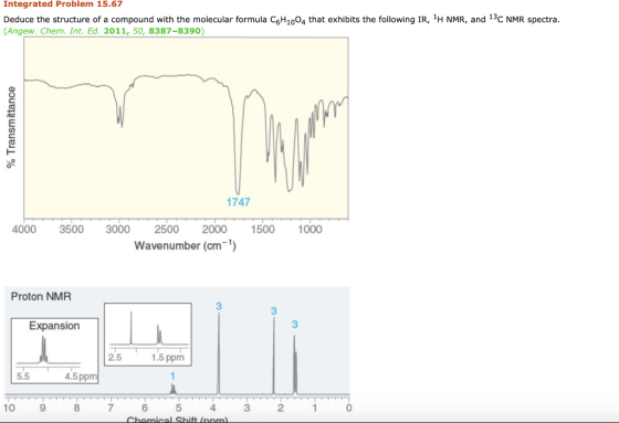 Integrated Problem 15.67 Deduce the structure of a compound with the molecular formula C6H1004 that exhibits the following IR