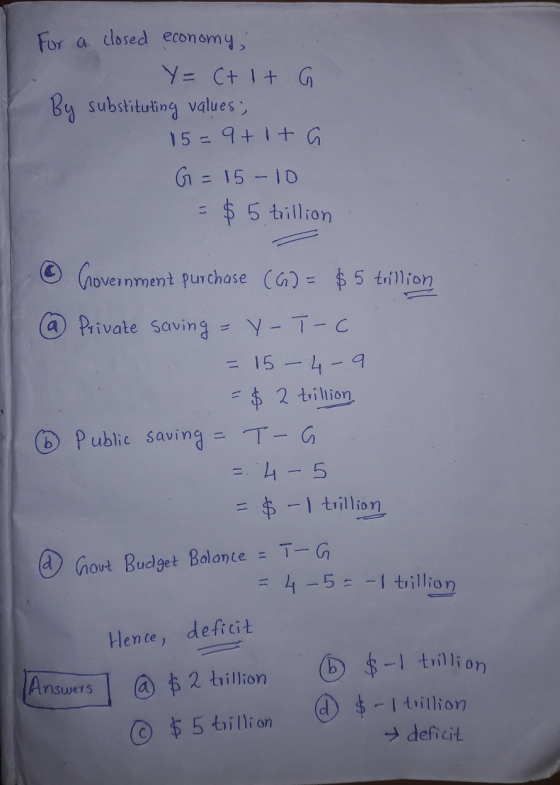 For a closed economy, Y = Ct It G By substituting values, 15= 9+ 1 ta G = 15-10 = $5 trillion © Covernment purchase (6) - $ 5