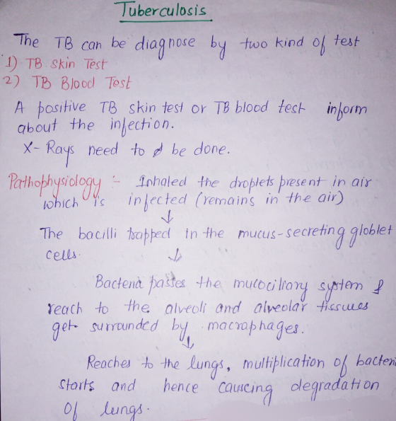Tuberculosis The TB can be diaghote by troo kind of test TB Skin Test 2) TB Blood Tost A positive TB skin test or TB blood te