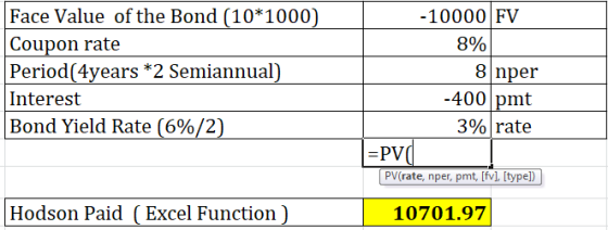 Face Value of the Bond (10*1000) Coupon rate Period( 4years *2 Semiannual) Interest Bond Yield Rate (6%/2) -10000 FV 8% 8 npe