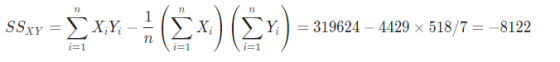 SSxy = ΣΧΥ, ΣΧ.Ε. - (Σκ) (Σ) 319624 - 4429 x 518/7 = -8122