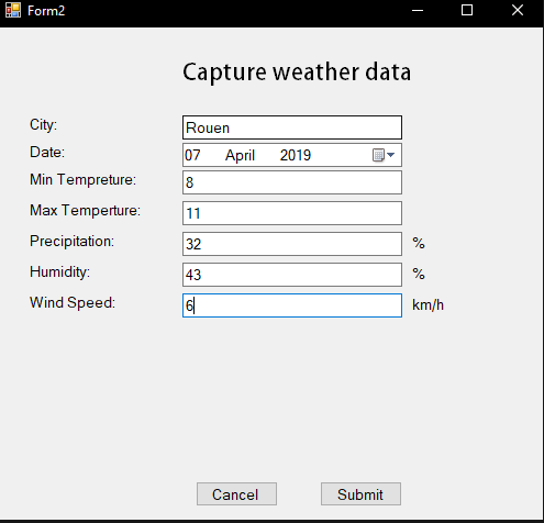 園Form2 Capture weather data City Date Min Tempreture: Max Temperture: 11 Precipitation: Humidity: Wind Speed: Rouen 07 April