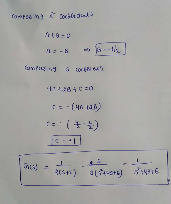 comparing ² CoebGidents A+B=0 A = -B > B =-1/2 comparing s coefflets 4A +QB+c=0 C =-(44 tab) c=-(42 - 2 / 2 c=+1 OS Gics) = 8