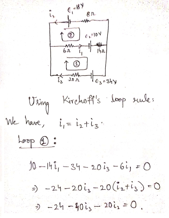 6 + 18 Y 6,0V 61 1412 wa iz 200 E3=3hy * 20; Using Kirchoffs loop sule: i, = iz tizi hoop : 10-14i, - 34 - 2013 -6i, = 0 -)