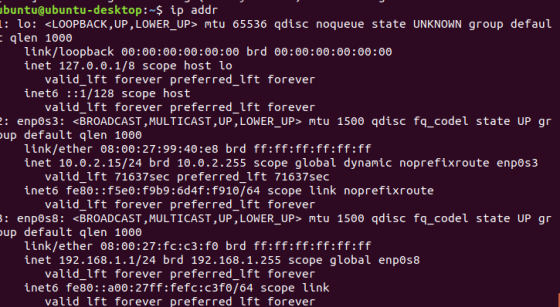 buntu@ubuntu-desktop:-$ ip addr 1: lo: <LOOPBACK, UP, LOWER_UP> mtu 65536 qdisc noqueue state UNKNOWN group defaul E qlen 100