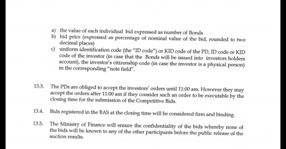 a) the value of each individual bid expressed as number of Bonds b) bid price (expressed as percentage of nominal value of th