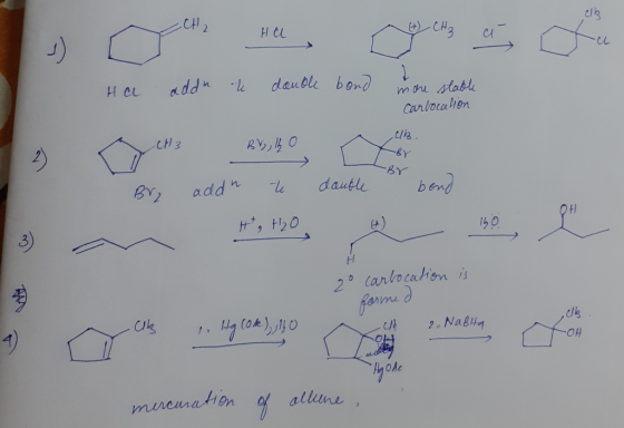 HU Ha addn t double bond more stable carbocation elb. CH3 Bry addn te dankle or bend H + H2O 150 20 carbocation is AN formed