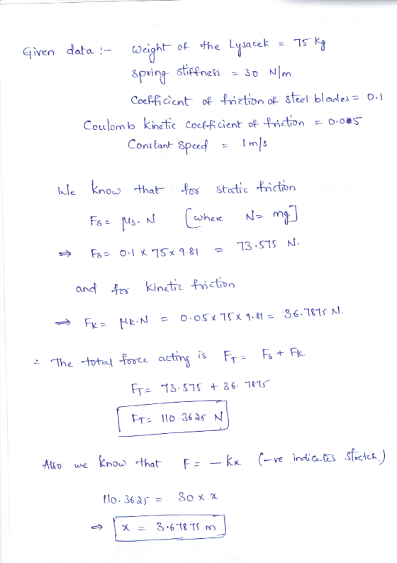 Given data:-weight-ot the Lysacek 75 kt Spring stifRness 30 NIm CoePficient of frirtin of steel bladleso. Coulom b khtic cockfcient of frictionoS hle kno that os static icton wher กา 一ve indic.to Stretch