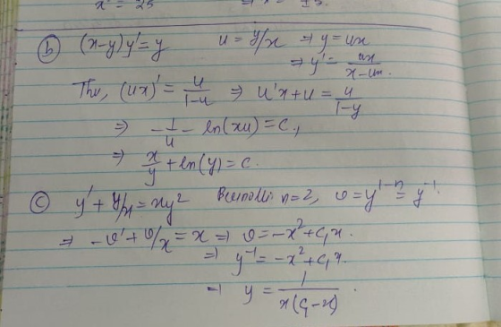 v + a → ( un X-Un. (n-y) y = y u = ln &y= un The (ux) = 4 7 ua+u = 4 ly ln (xu) = C., - 7 + ln (Y) = c. Beenollo © y + 1/4 =