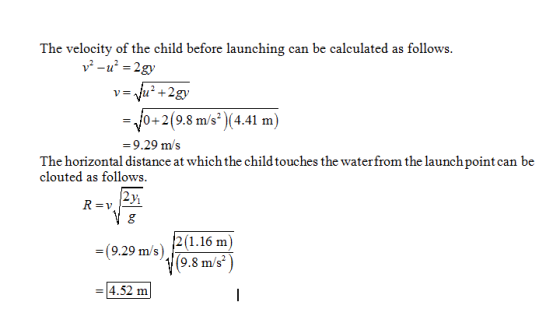 The velocity of the child before launching can be calculated as follows. V2-112 = 2gy =10+2(9.8 m/s 2)(4.41 m -9.29 m/s The