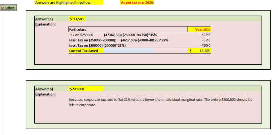 Answers are highlighted in yellow: As per tax year 2020: Solution: $ 13,505 Answer: a) Explanation: Particulars Tax on $25000