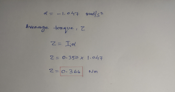 a = -1.047 gead/s2 Average torque, 2= Tid 2=0.350 1.047 2=0.366 Nm