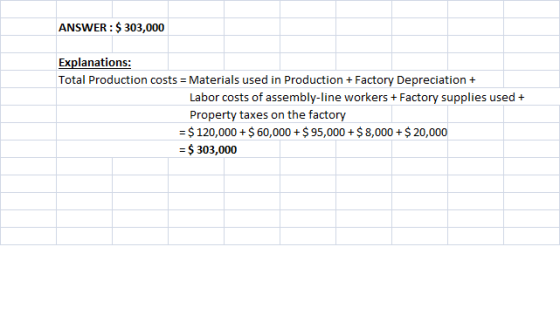 ANSWER: $303,000 Explanations: Total Production costs Materials used in Labor costs of assembly-line workers+ Factory supplie