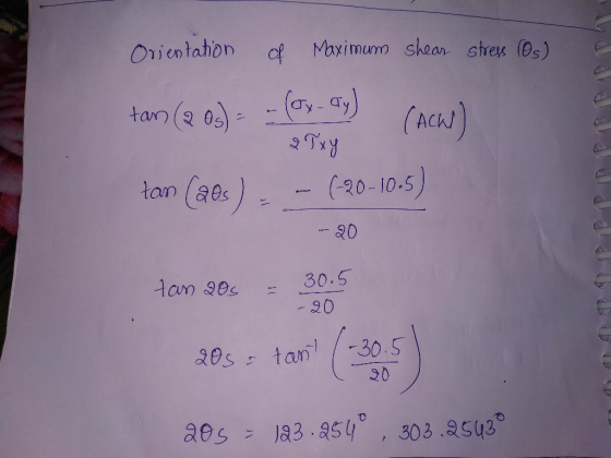 Orientahon c Maximum shear stres Os) 0ay-4y)(ACA) tar (2 0)- (rCh)) Cao.) (-20-10.5 tan 20 30.5 - 20 30.5 Les tan 20 aes Ja3.