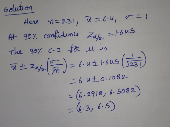 solution Here n=231, a = 6:1, r=1 At 90% confidence Zd/ = 1.6us The 90%. C.I for u is I 2012 ( 72 ) = 6.4I 16us (523) = 6-12