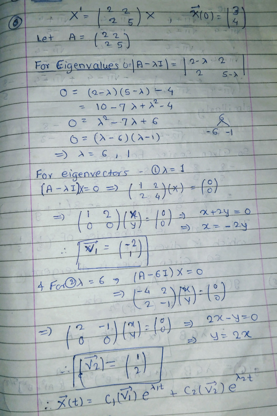 2 X ) xto) = 4 Let A = (2) For Eigenvalues 0-| A-11) 2-0 2 If 2 5-) 2 & 0 = (2-1)(5-)) 4 10-7x + x² - 4 2 – 7x + 6 02 (1-6)(1