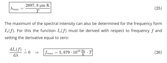 2897, K Amax 8 um T (25) The maximum of the spectral intensity can also be determined for the frequency form Is(f). For this