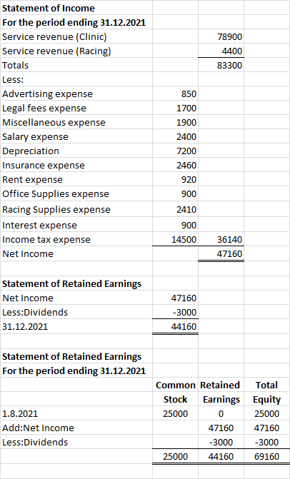 78900 4400 83300 Statement of Income For the period ending 31.12.2021 Service revenue (Clinic) Service revenue (Racing) Total