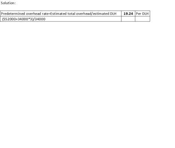 Solution: 19.24 Per DLH Predetermined overhead rate=Estimated total overhead/estimated DLH (552000+34000*3)/34000