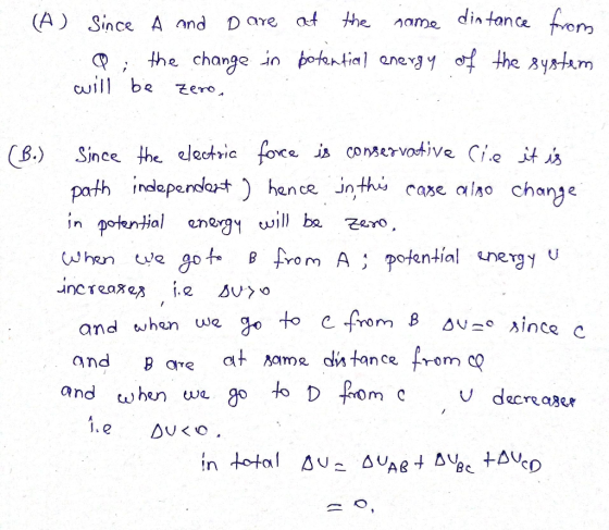 name dintance fom (A) Since A and D are at the the change in botntial anegy of the systam will be そero。 Since the electric fo