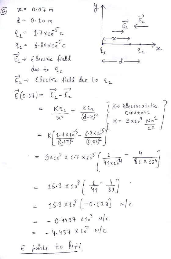 X= 0.07 m d = 0. 10 m 92= 1.7x105c E- E lectnic field due to 42 E -- Electnic field due to 12 Elo.07)= E- K→ electno static K
