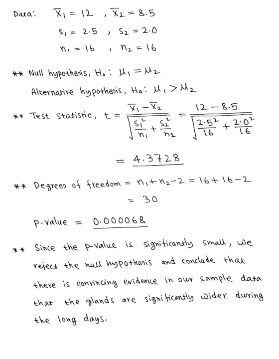 Data: Xi = 12 , X2 = 8.5 Si = 2.5 , S2 = 2.0 ni = 16 , N2=16 ** Null hypothesis, Hoi H, = M2 Alternative hypothesis, Hai Mi >
