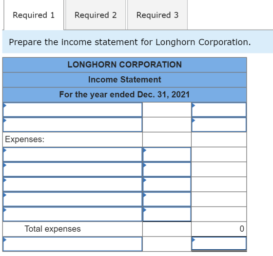 Required 1 Required 2 Required 3 Prepare the income statement for Longhorn Corporation. LONGHORN CORPORATION Income Statement