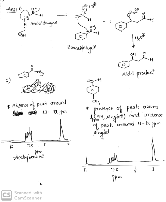 wala Ans:) is H - SHK Acetaldehyde Boara Benzaldehyde Aldol product CHE * Absence of peak around Porno 11 - 11 ppm * presenc