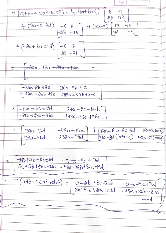 Page 1 T(arbat cx²fd83) = (-4at btc) 8 -4 28 57 + (34-c-d) -6 8 -23 -40 + (3a-d) ) 13 46 १५ + (-2a+b+c+d) -6 8 -23 -1 । उप-18